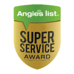 Super Service Award A green and yellow badge with the words " angie 's list super service award ".
