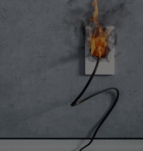 Electrical outlet on fire with flames and smoke on a gray wall